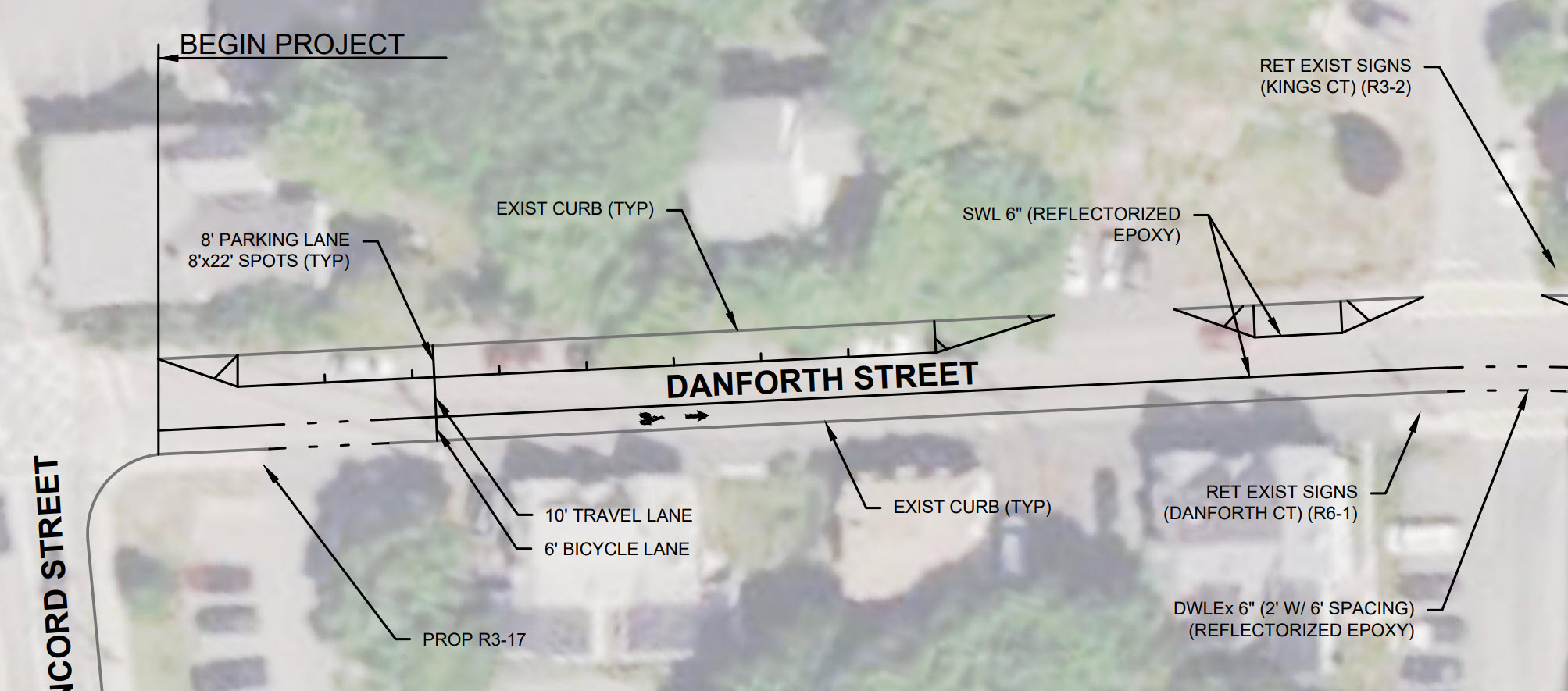 satellite image showing proposed parking and bike lane at the start of Danforth Street
